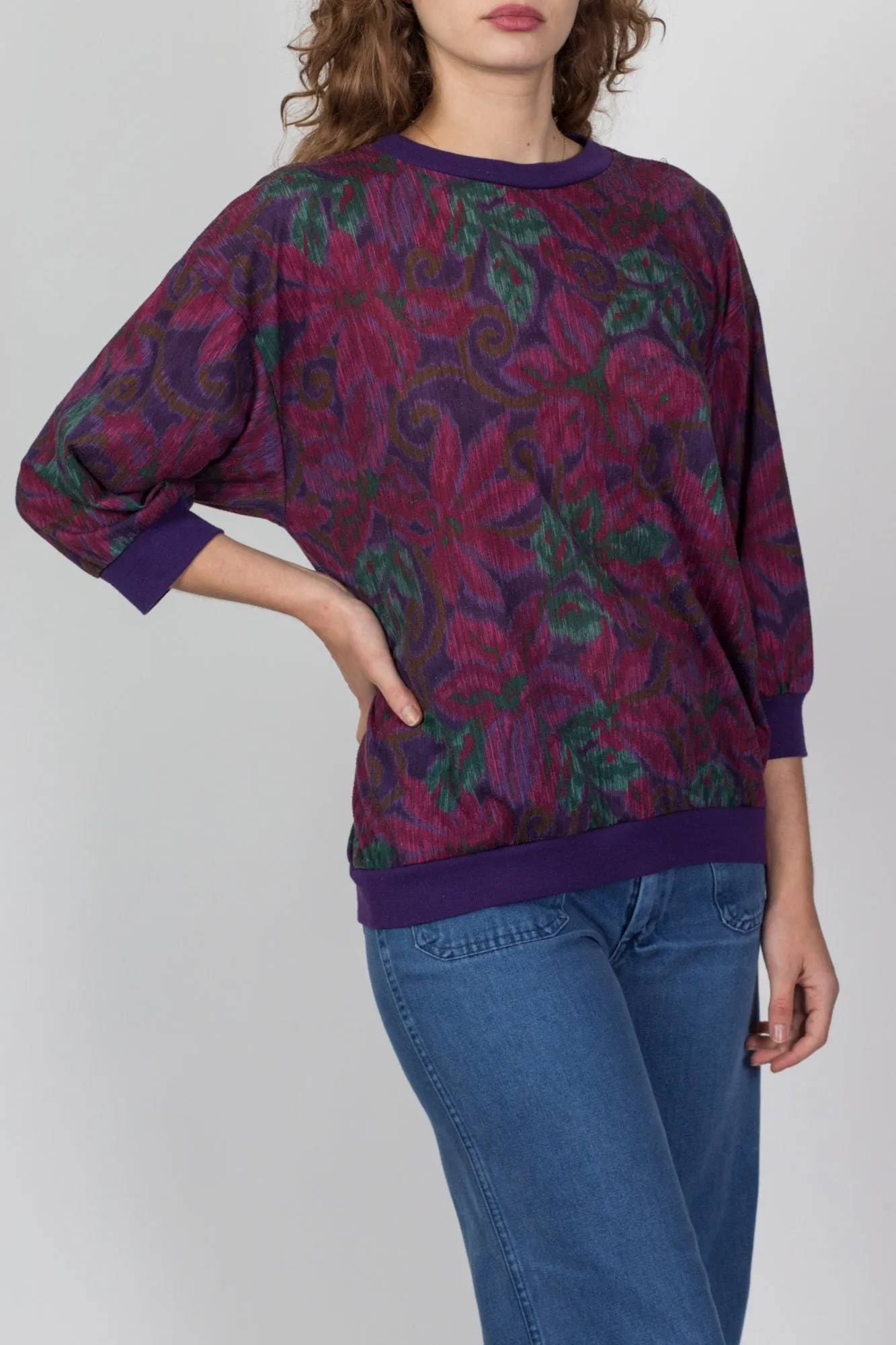 80s Purple Floral Print Shirt - Medium