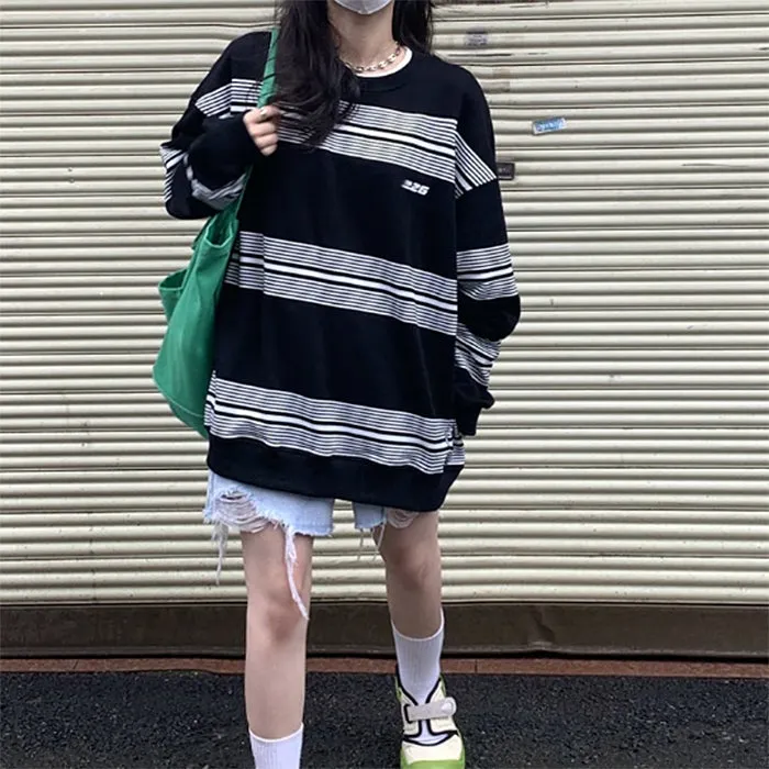 Oversize Teenage Fashion Striped Long Sleeve Sweatshirt