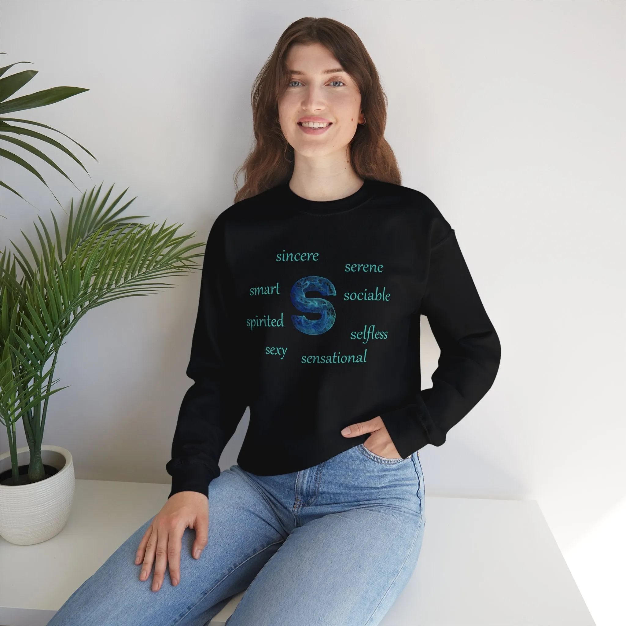 S Alphabet Sweatshirt, Alphabet Initial "S" Motivational, Optimistic, Mental Health Unisex Heavy Blend™ Crewneck Sweatshirt, Self-affirming Sweatshirt