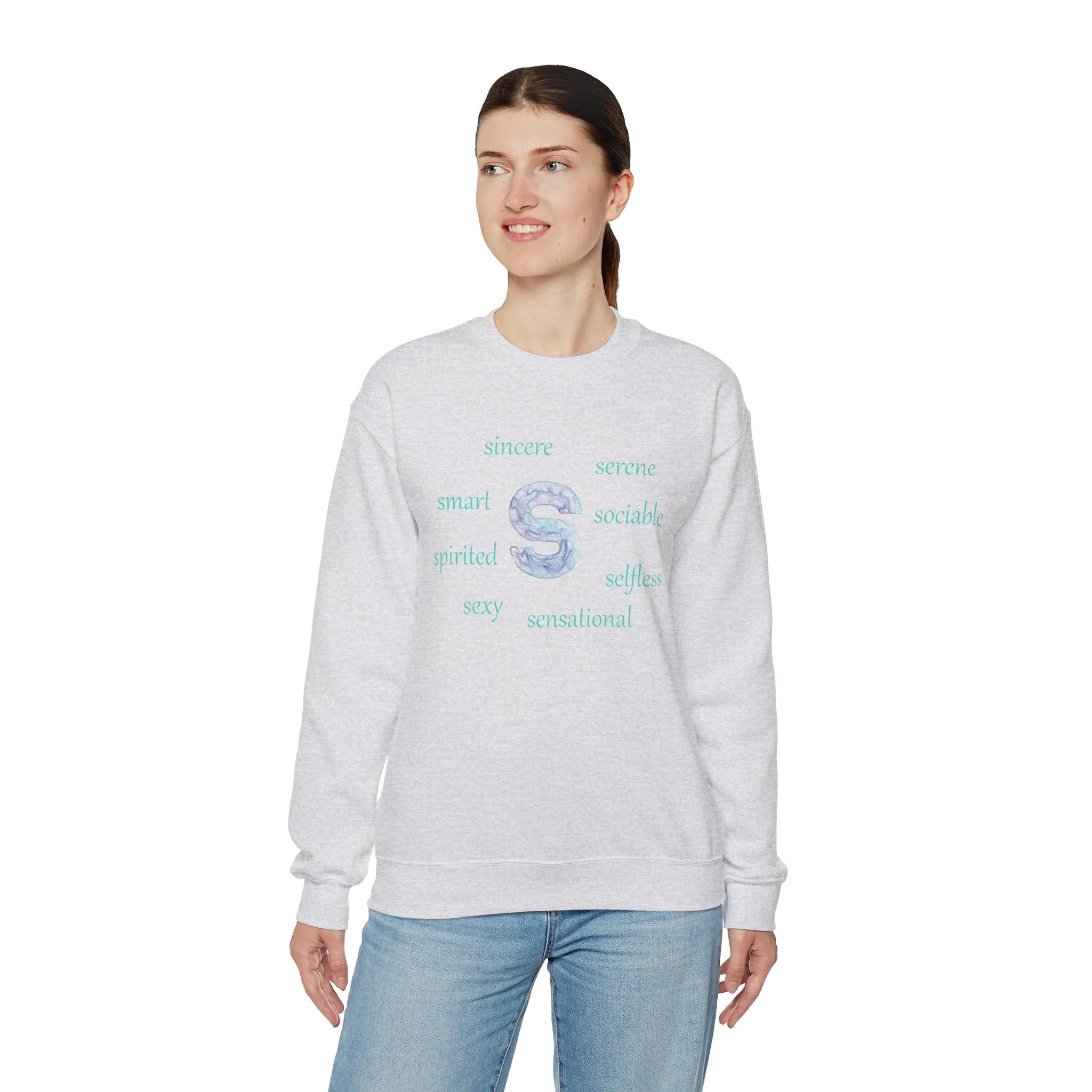 S Alphabet Sweatshirt, Alphabet Initial "S" Motivational, Optimistic, Mental Health Unisex Heavy Blend™ Crewneck Sweatshirt, Self-affirming Sweatshirt