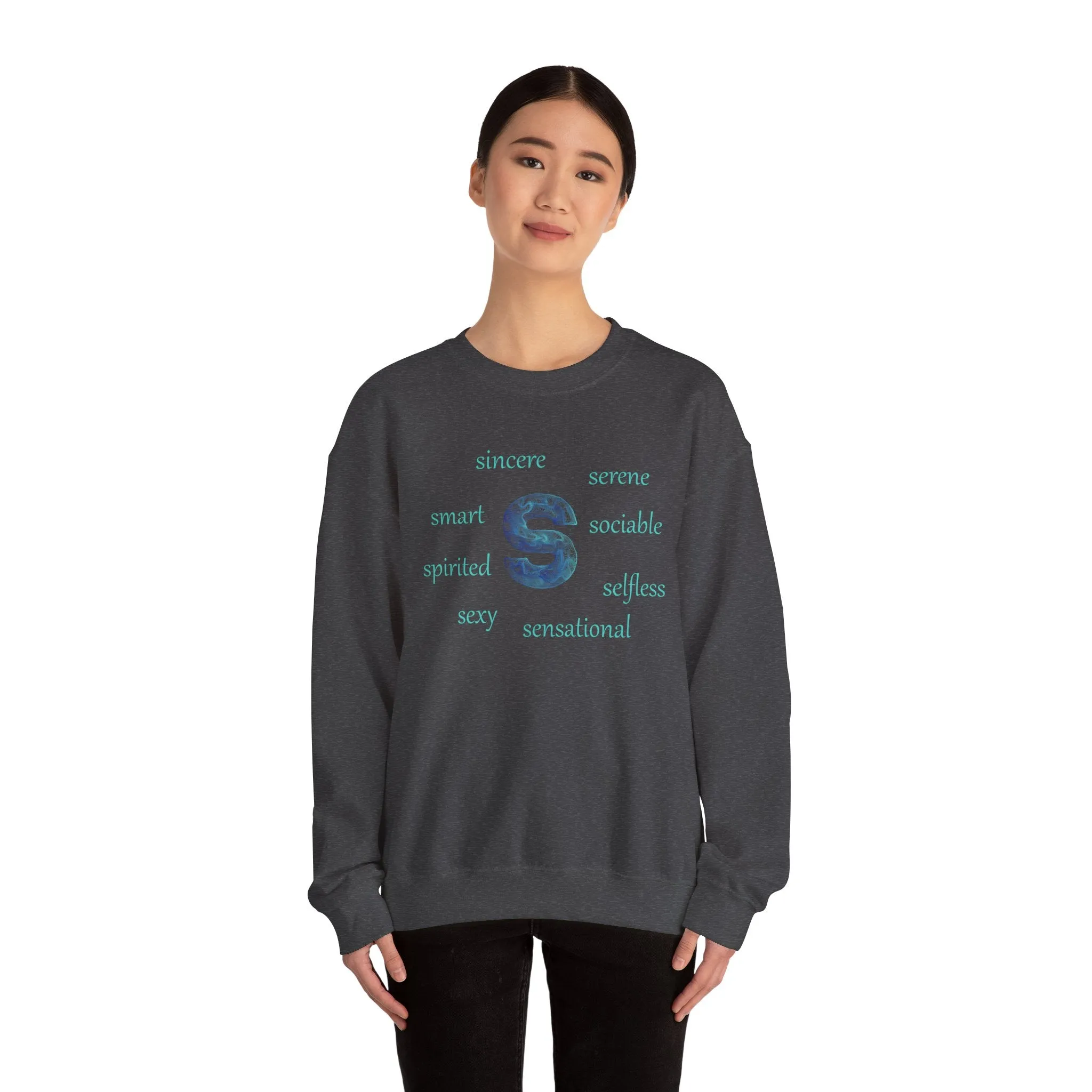 S Alphabet Sweatshirt, Alphabet Initial "S" Motivational, Optimistic, Mental Health Unisex Heavy Blend™ Crewneck Sweatshirt, Self-affirming Sweatshirt