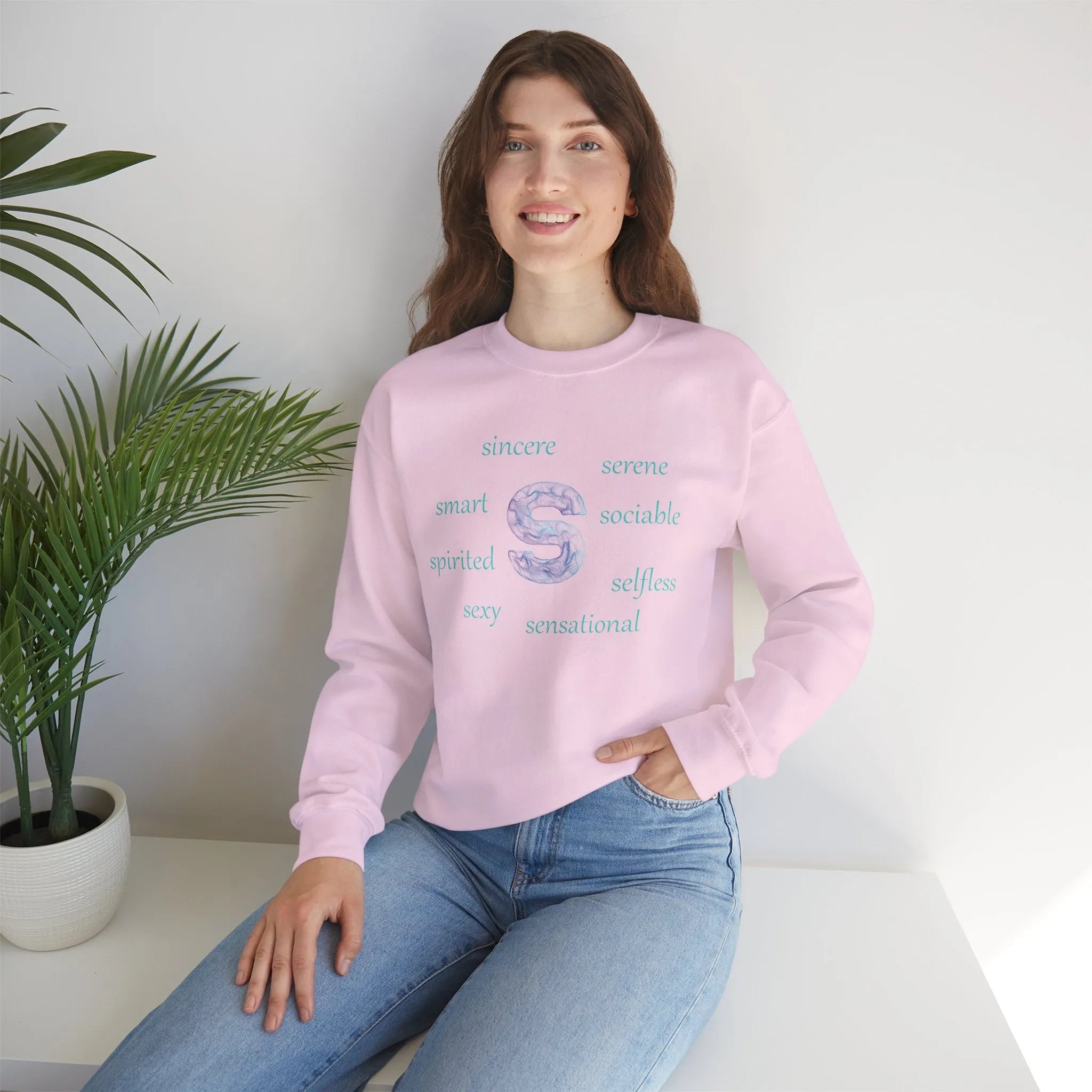 S Alphabet Sweatshirt, Alphabet Initial "S" Motivational, Optimistic, Mental Health Unisex Heavy Blend™ Crewneck Sweatshirt, Self-affirming Sweatshirt