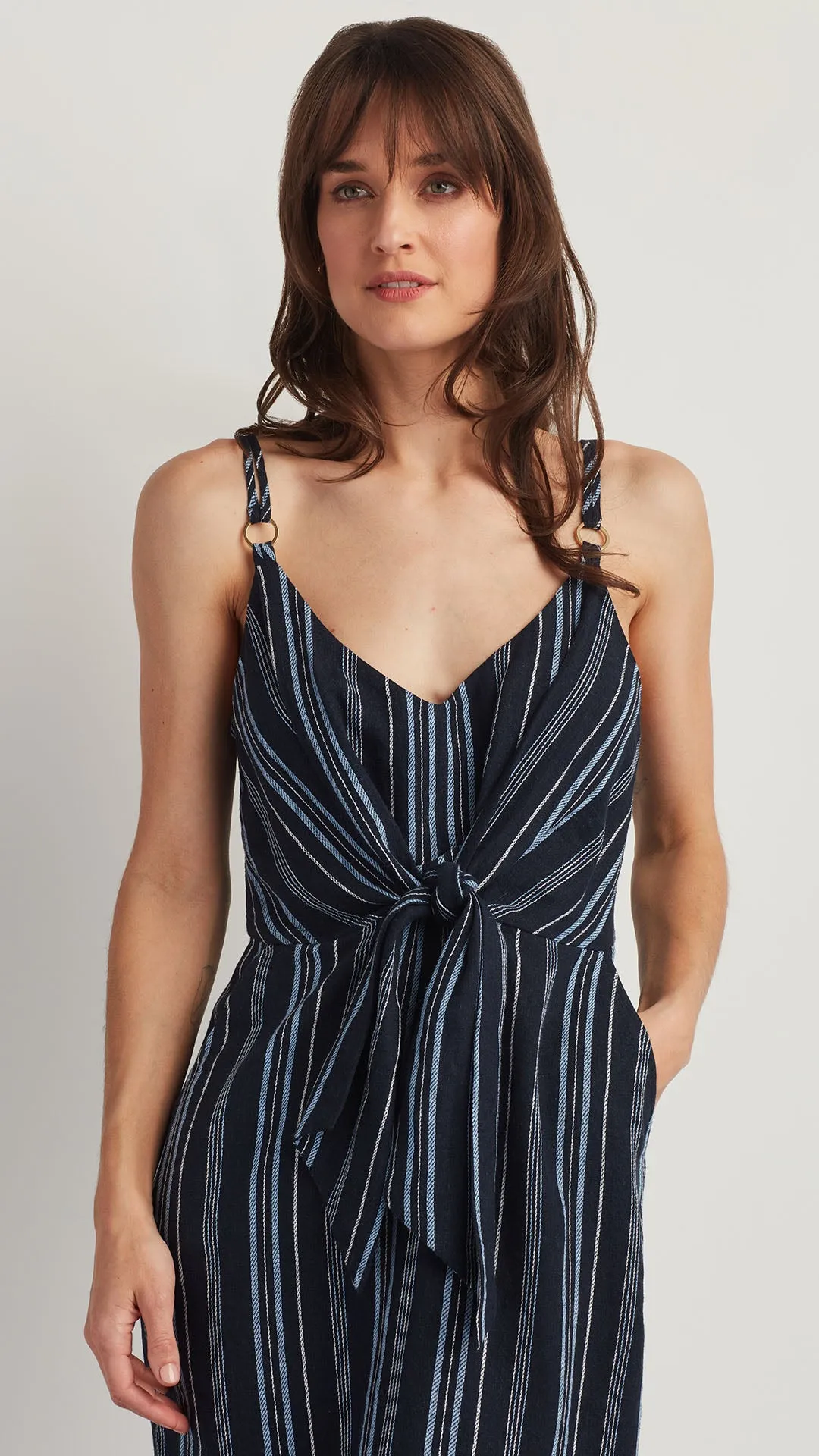 TIE FRONT LINEN BLEND DRESS