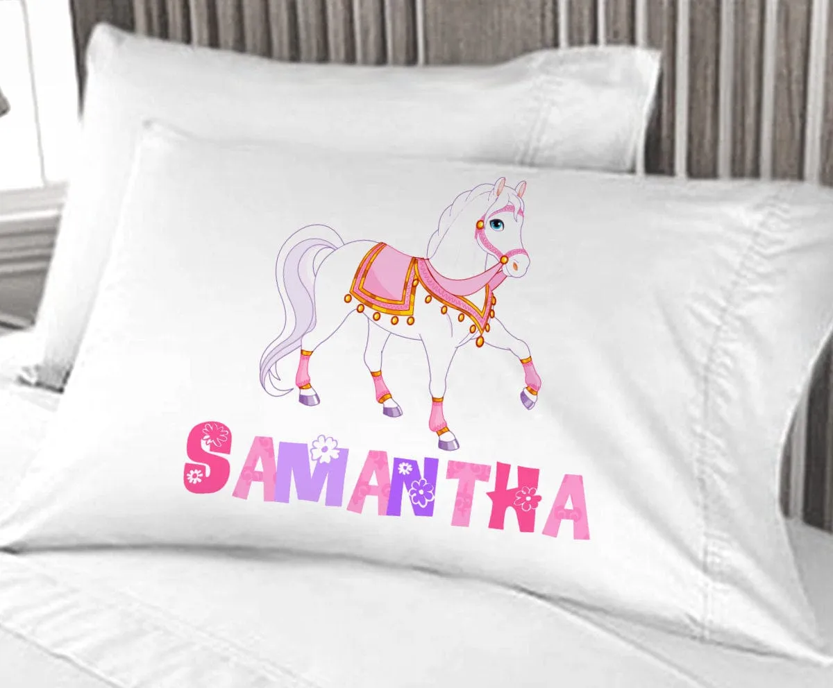 White  Horse  Girls Pillow Case  Personalized for Princess Birthday gift idea for girl love horses ponies girl bedroom decor